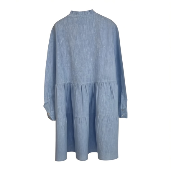 New Alice Walk Band Collar Long Sleeve Linen Tiered Chambray Cottagecore Dress L - Picture 3 of 6